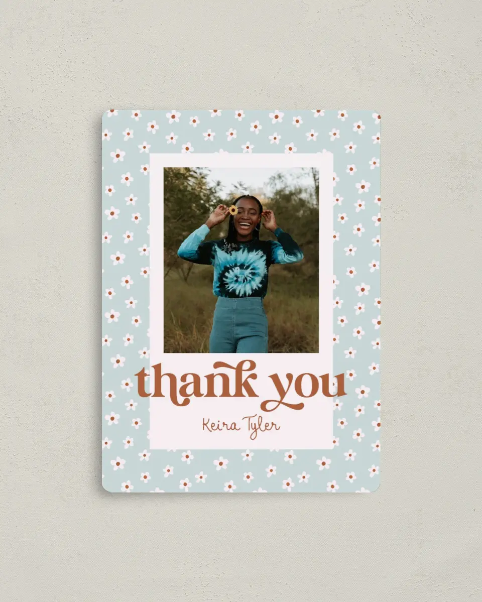 This is a 4" x 5½" Graduation Thank You Magnet called Demure Daisies printed in full color with a Luxe Satin finish