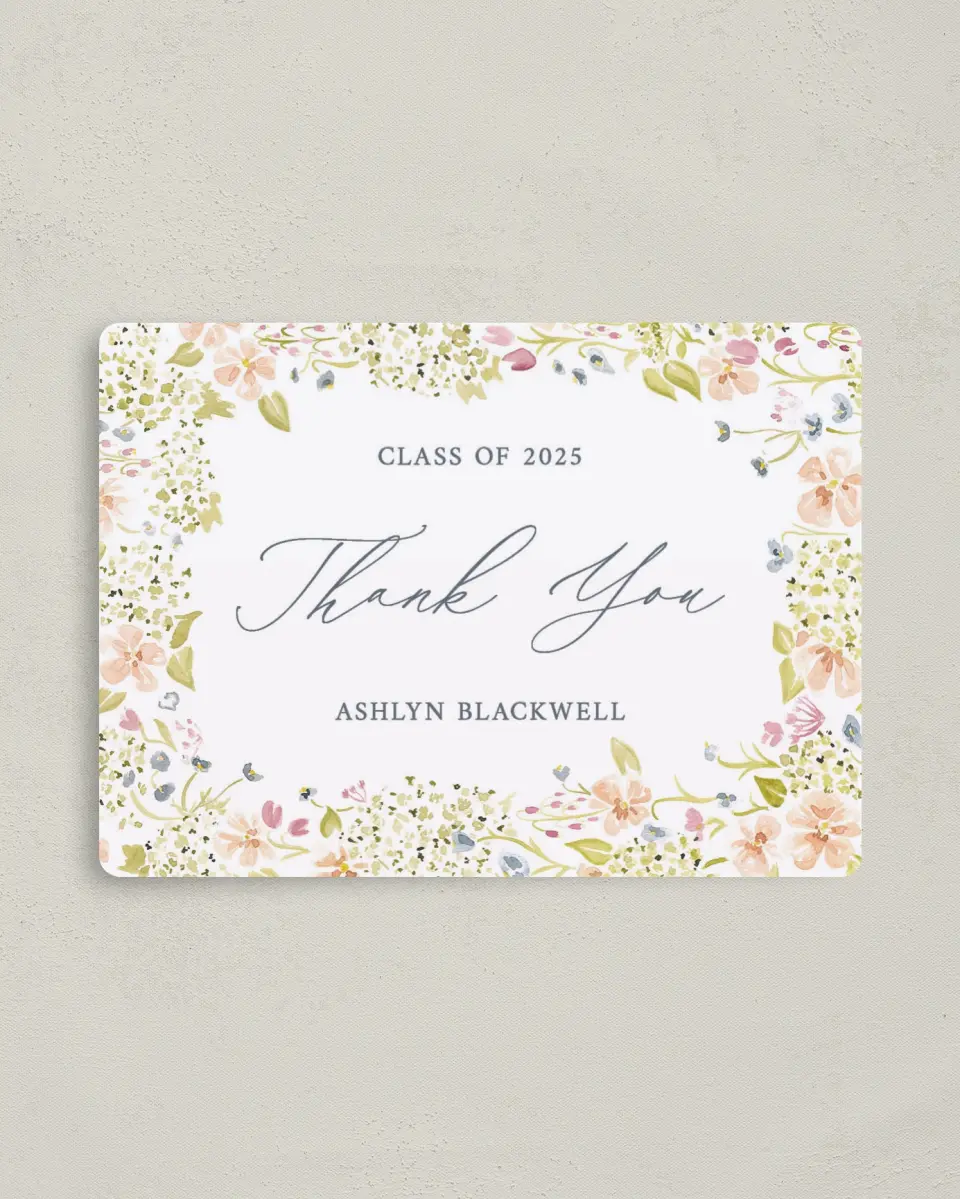 This is a 4" x 5½" Graduation Thank You Magnet called Blooming Bright printed in full color with a Luxe Satin finish