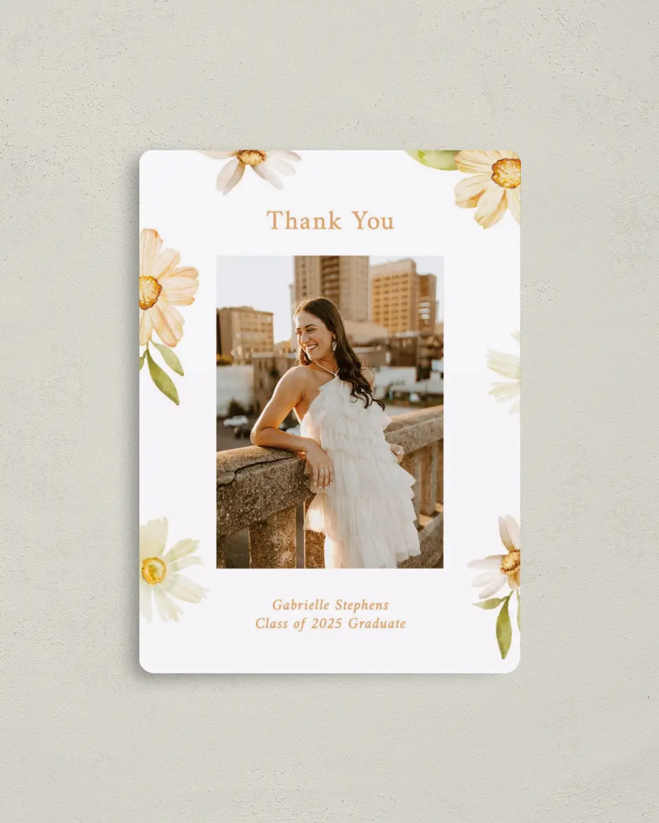 This is a 4" x 5½" Graduation Thank You Magnet called Sunny Blooms printed in full color with a Luxe Satin finish