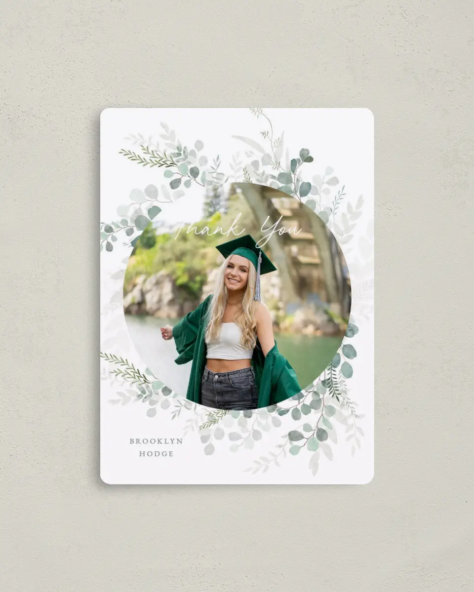 This is a 4" x 5½" Graduation Thank You Magnet called Grad Greenery printed in full color with a Luxe Satin finish