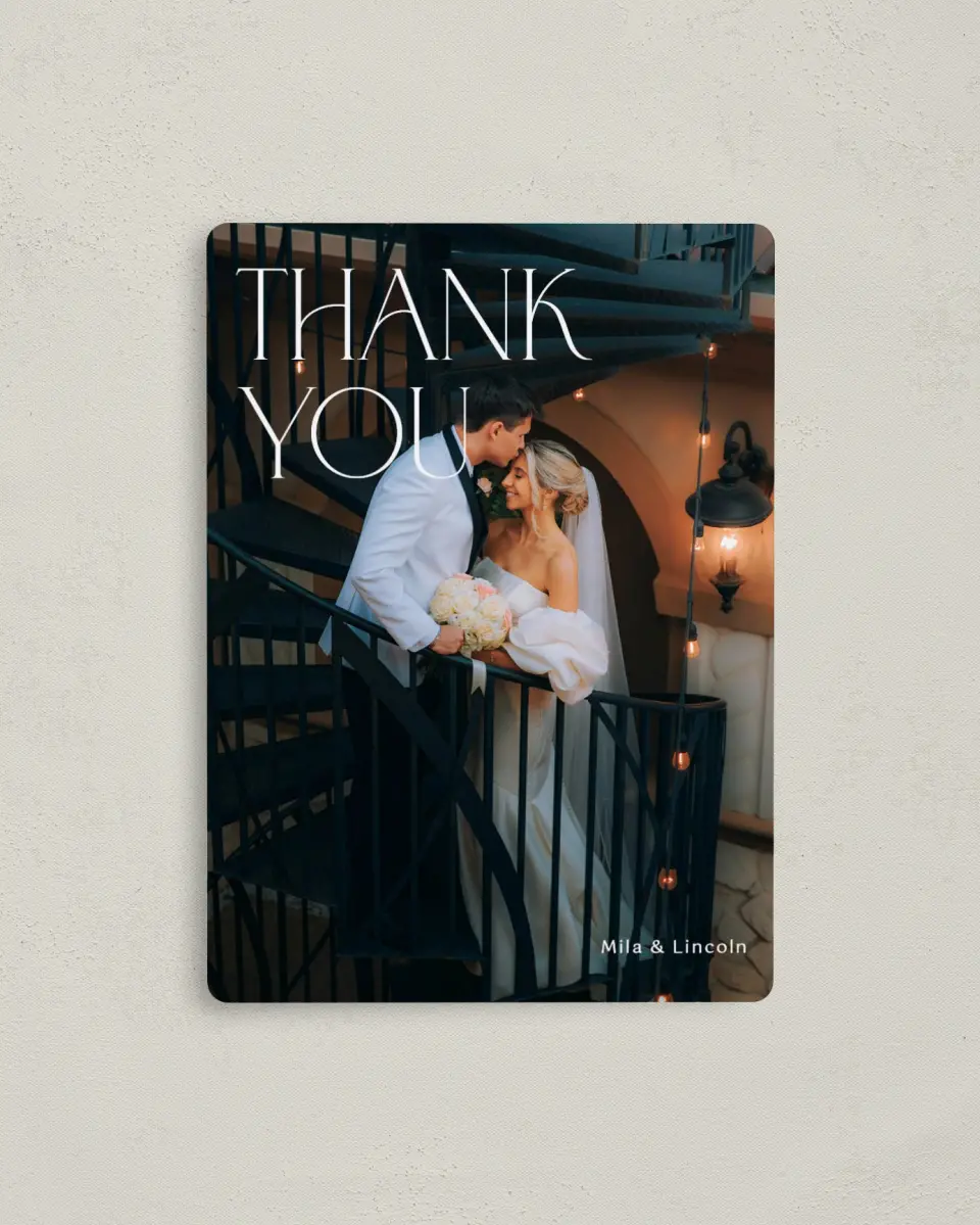 This is a 4" x 5½" Thank You Magnet called The Mila printed in full color with Rose Gold foil and a Luxe Satin finish