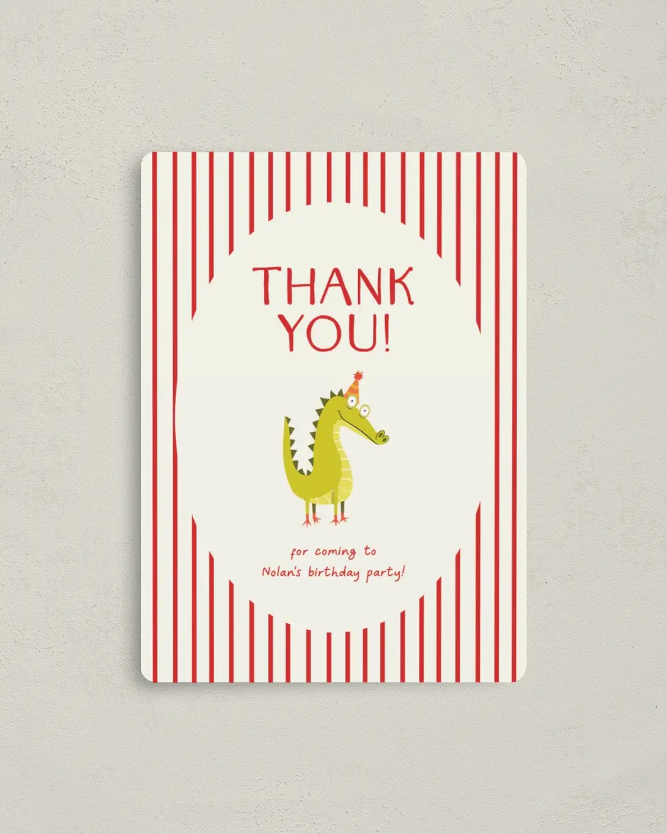 This is a 4" x 5½" Thank You Card called Snappin Birthday printed in full color with a Luxe Satin finish