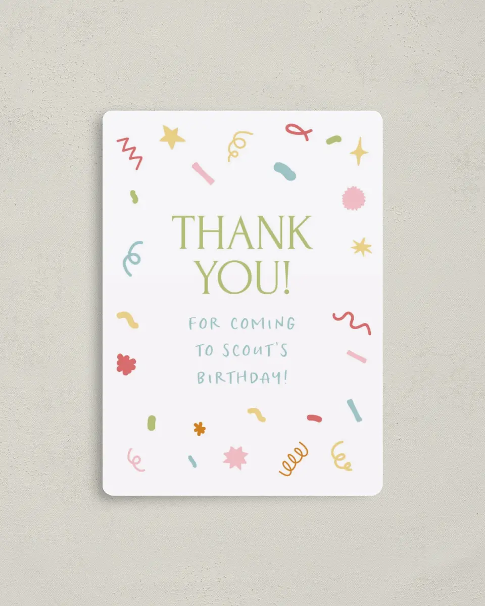 This is a 4" x 5½" Thank You Card called Hip Hip Hooray! printed in full color with a Luxe Satin finish