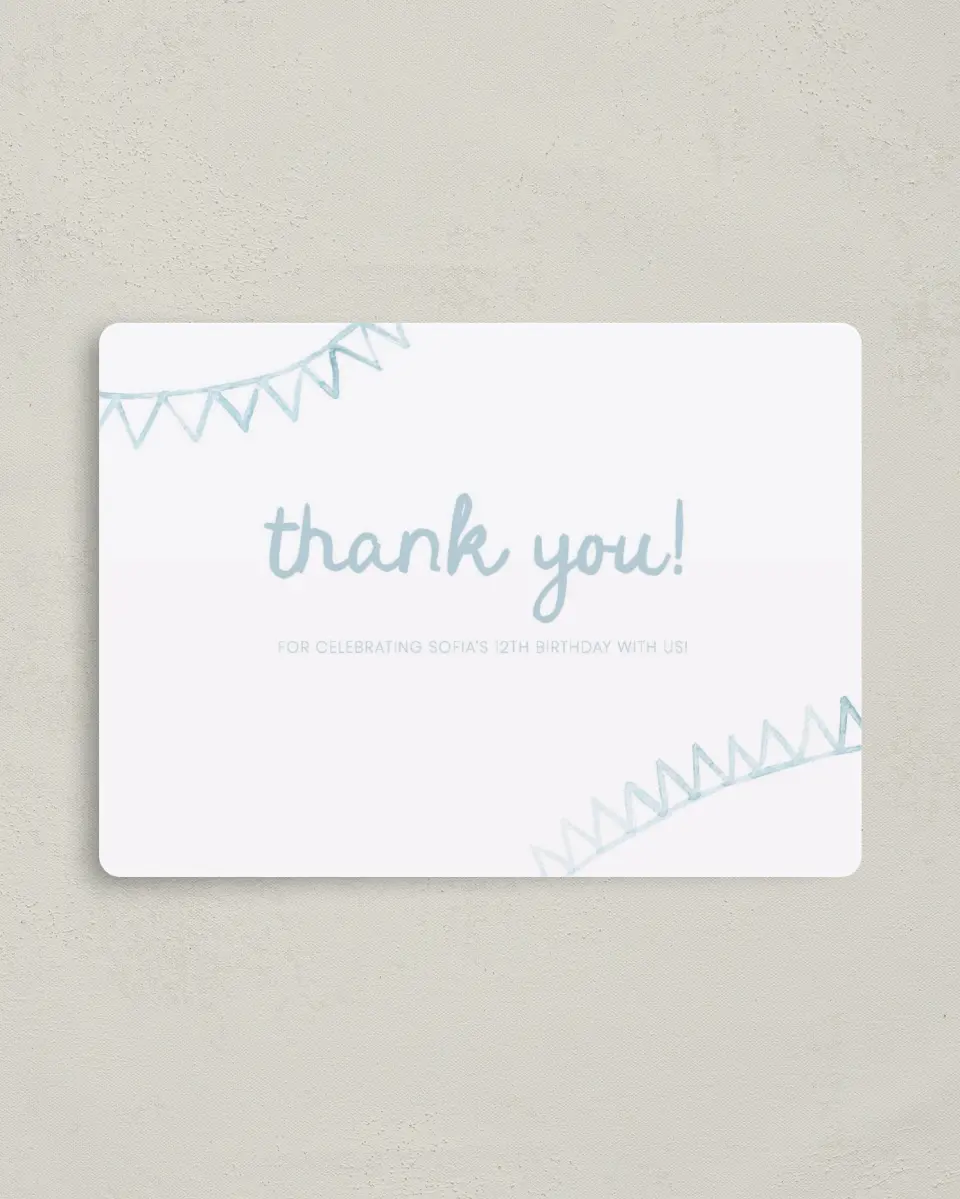 This is a 4" x 5½" Thank You Card called Pool Party printed in full color with a Luxe Satin finish