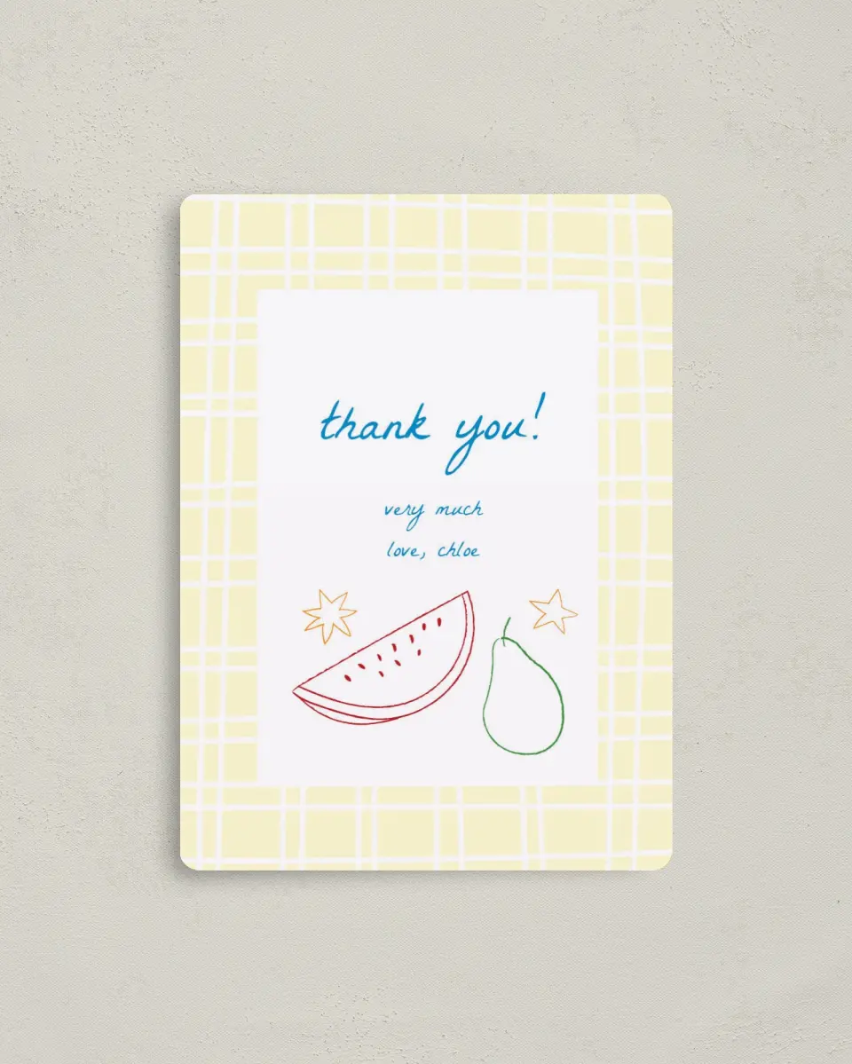 This is a 4" x 5½" Thank You Card called Park Picnic printed in full color with a Luxe Satin finish