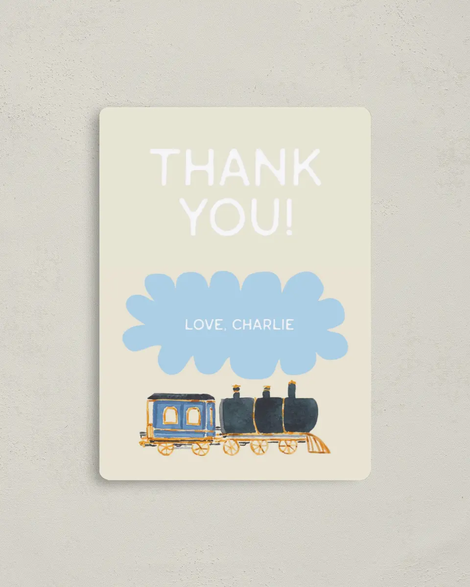 This is a 4" x 5½" Thank You Card called All Aboard printed in full color with a Luxe Satin finish