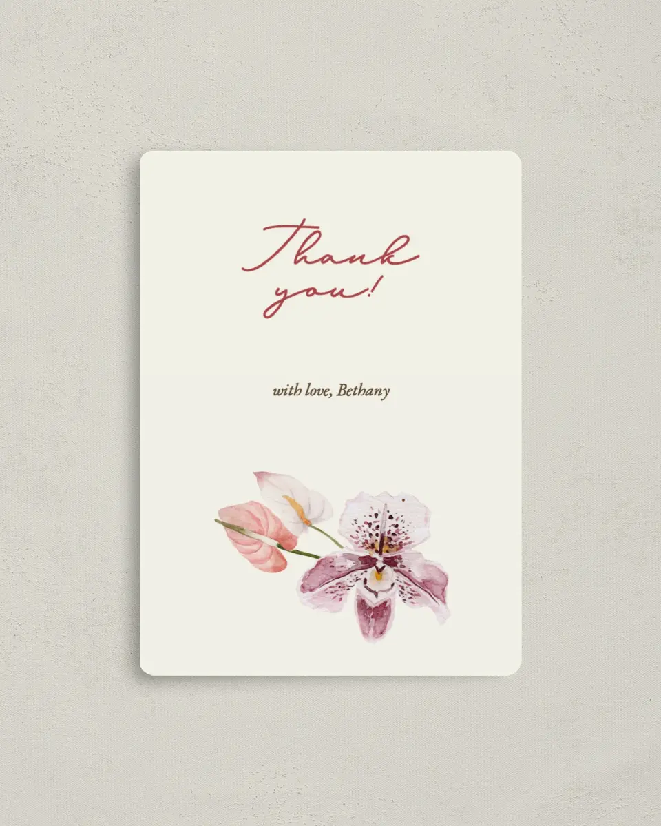 This is a 4" x 5½" Newlywed called Orchid Oasis printed in full color with a Luxe Satin finish