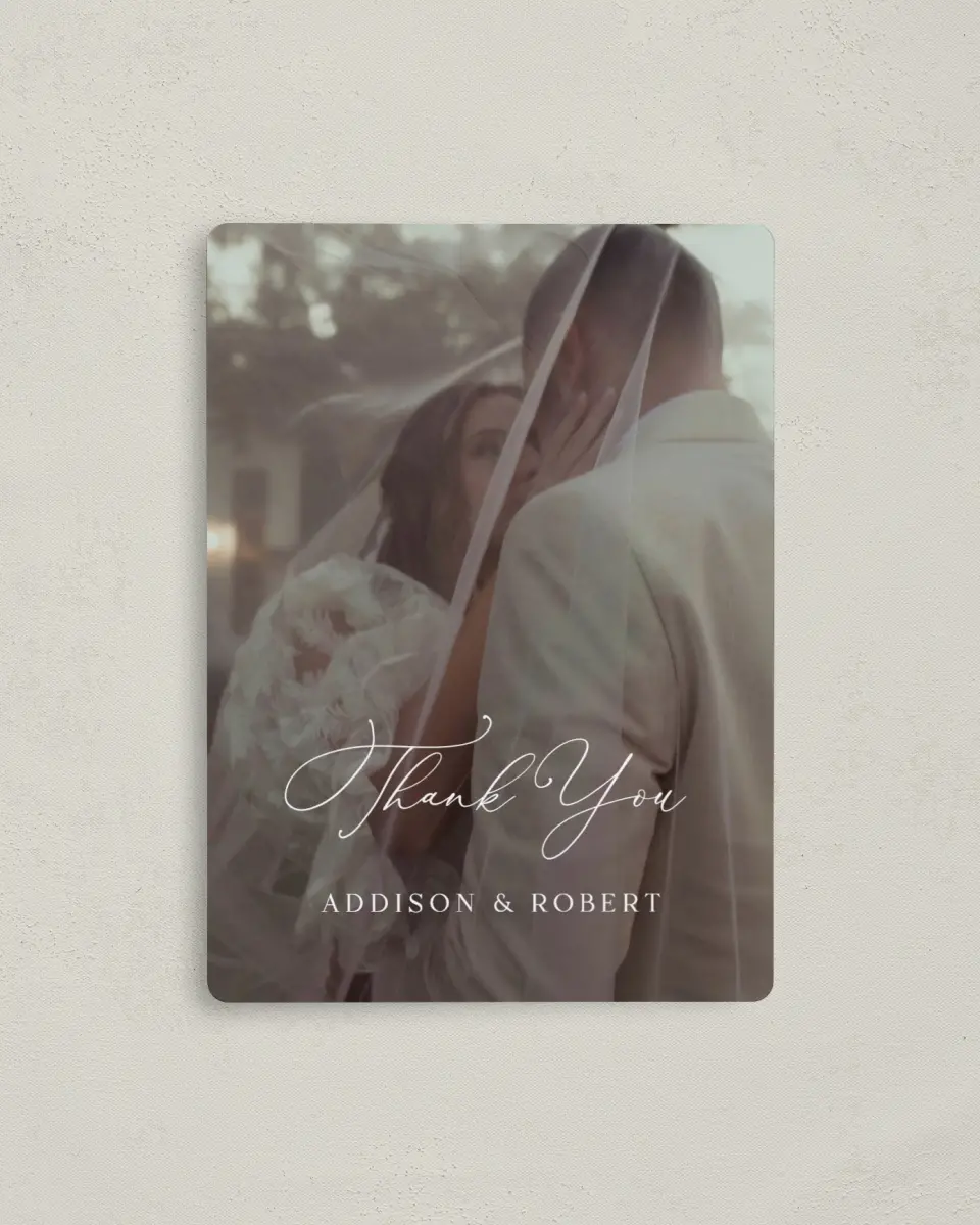 This is a 4" x 5½" Thank You Magnet called The Addison printed in full color with Rose Gold foil and a Luxe Satin finish