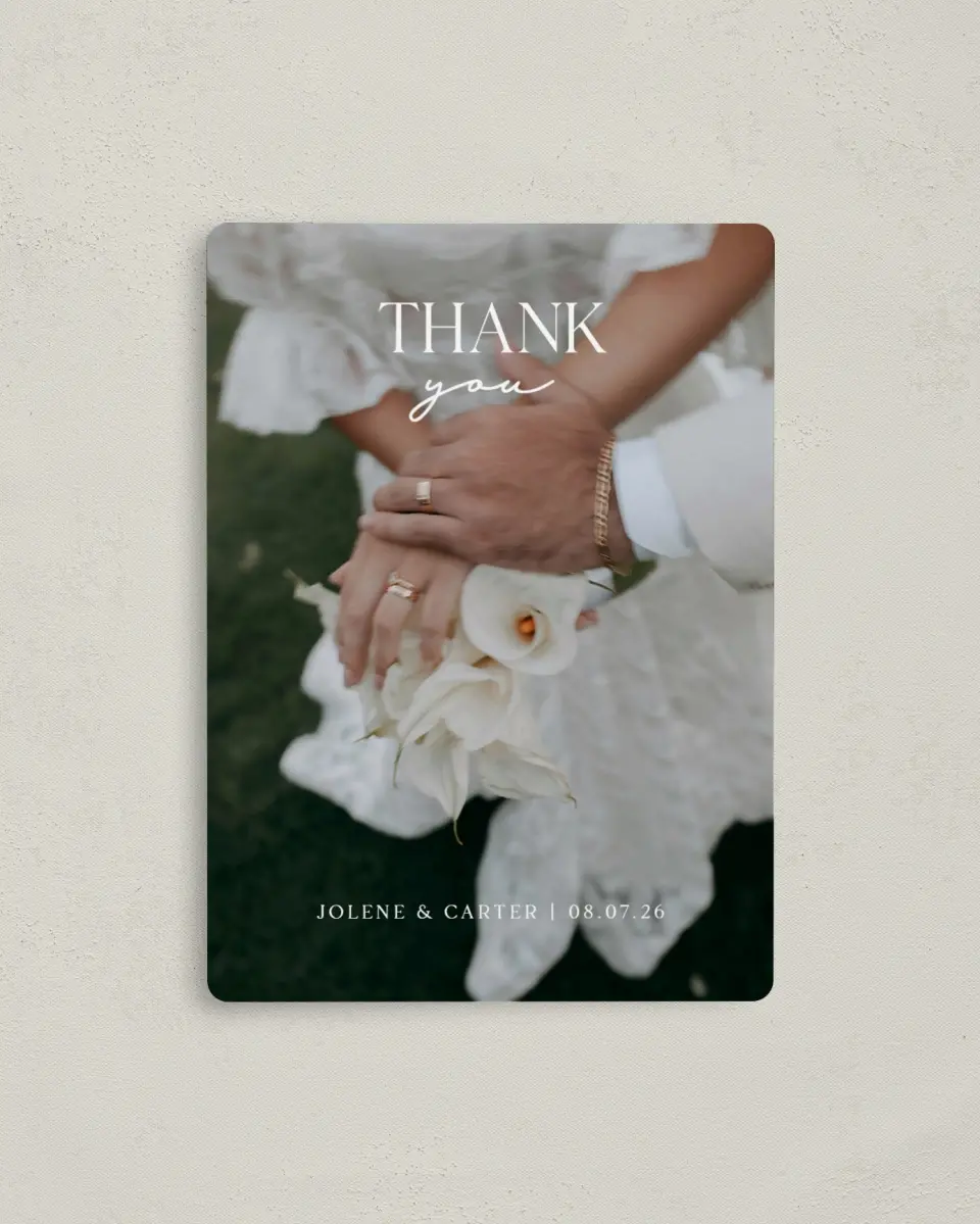 This is a 4" x 5½" Thank You Magnet called The Jolene printed in full color with Rose Gold foil and a Luxe Satin finish