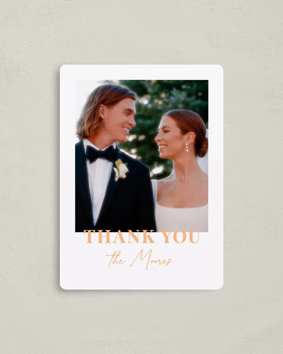 This is a 4" x 5½" Thank You Magnet called The Jess printed in full color with Rose Gold foil and a Luxe Satin finish