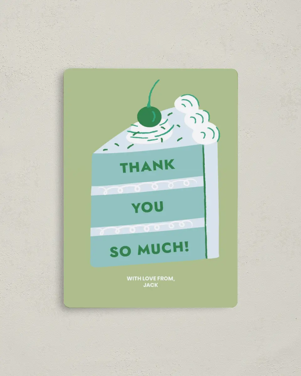 This is a 4" x 5½" Thank You Card called Slice of Fun printed in full color with a Luxe Satin finish