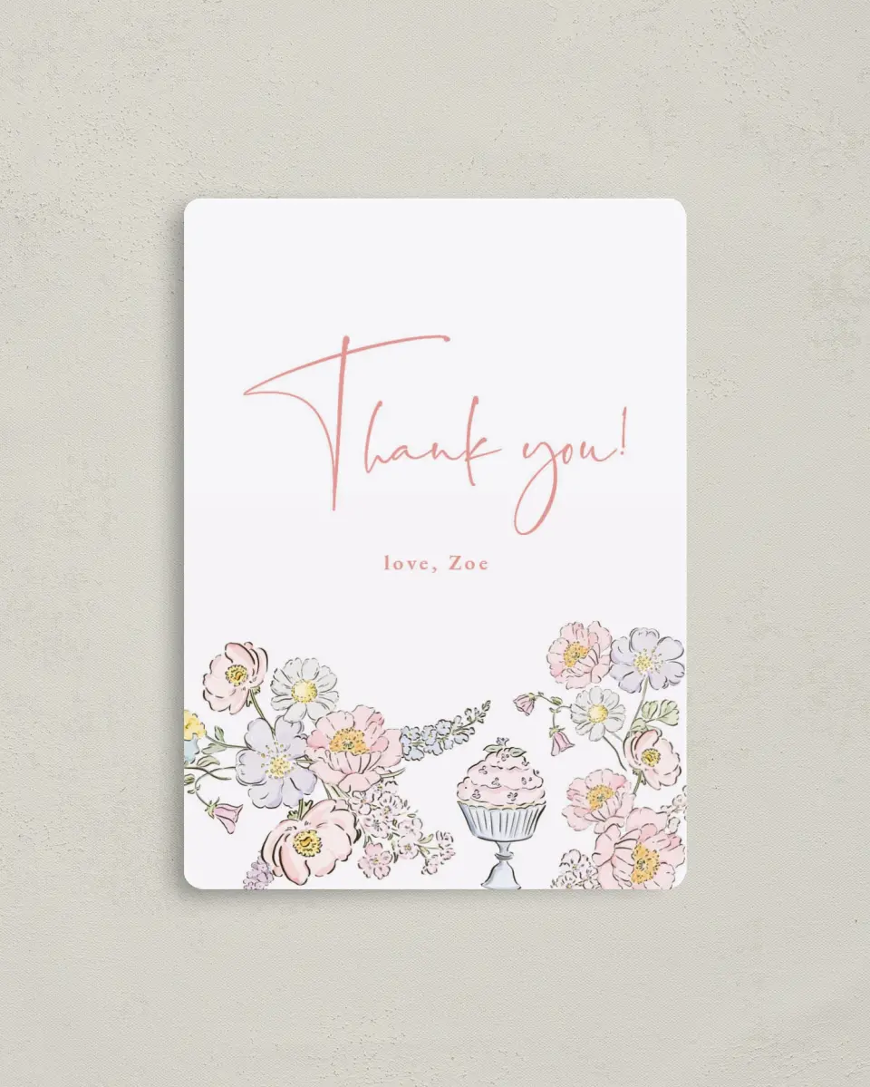 This is a 4" x 5½" Thank You Card called Sweet Flowers printed in full color with a Luxe Satin finish