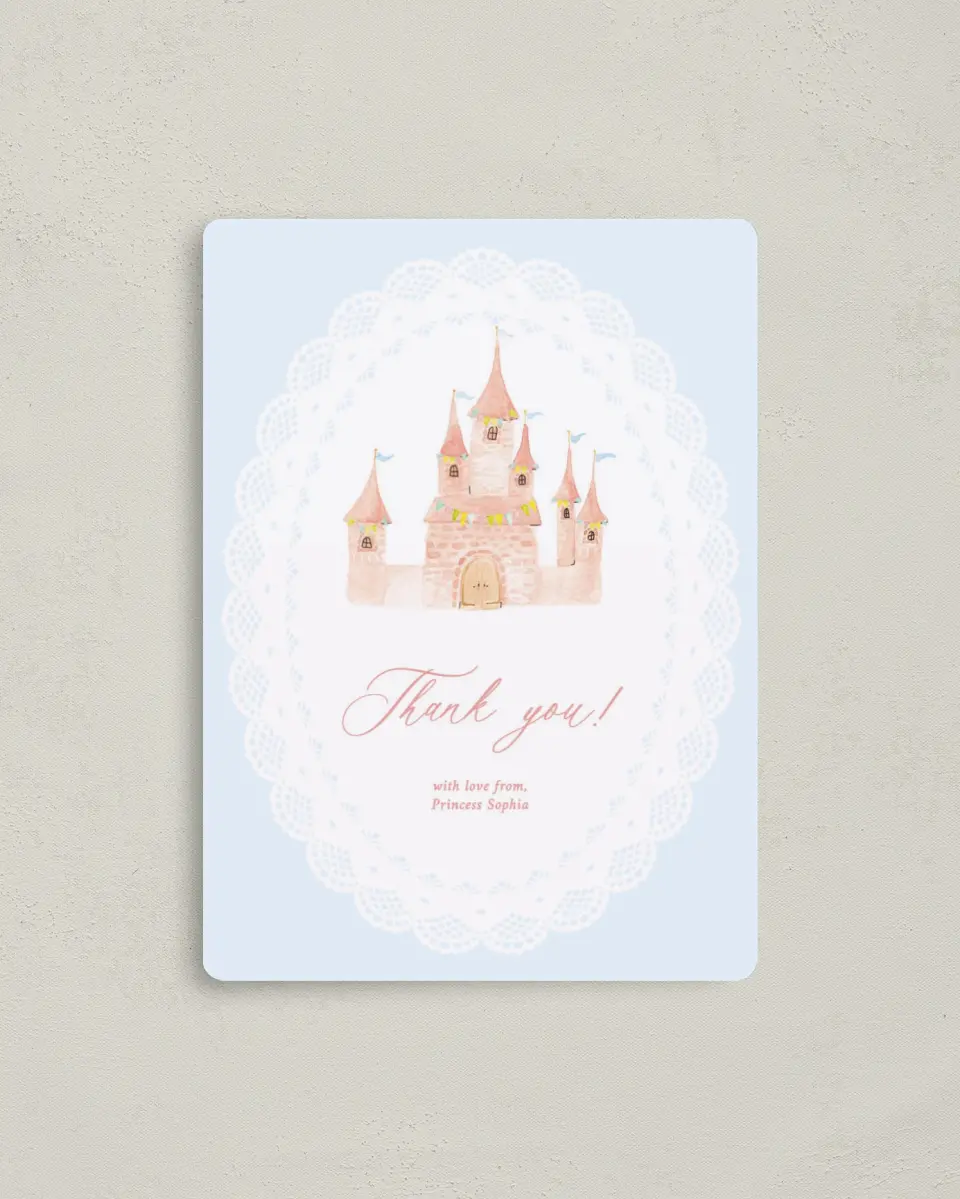 This is a 4" x 5½" Thank You Card called Princess Castle printed in full color with a Luxe Satin finish