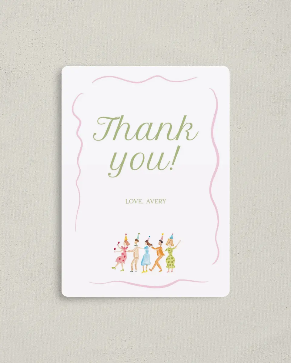 This is a 4" x 5½" Thank You Card called Dance Party printed in full color with a Luxe Satin finish