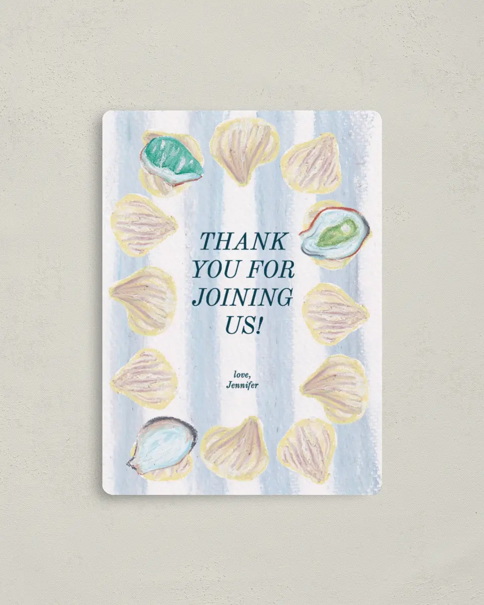 This is a 4" x 5½" Thank You Card called Shucking Party printed in full color with a Luxe Satin finish