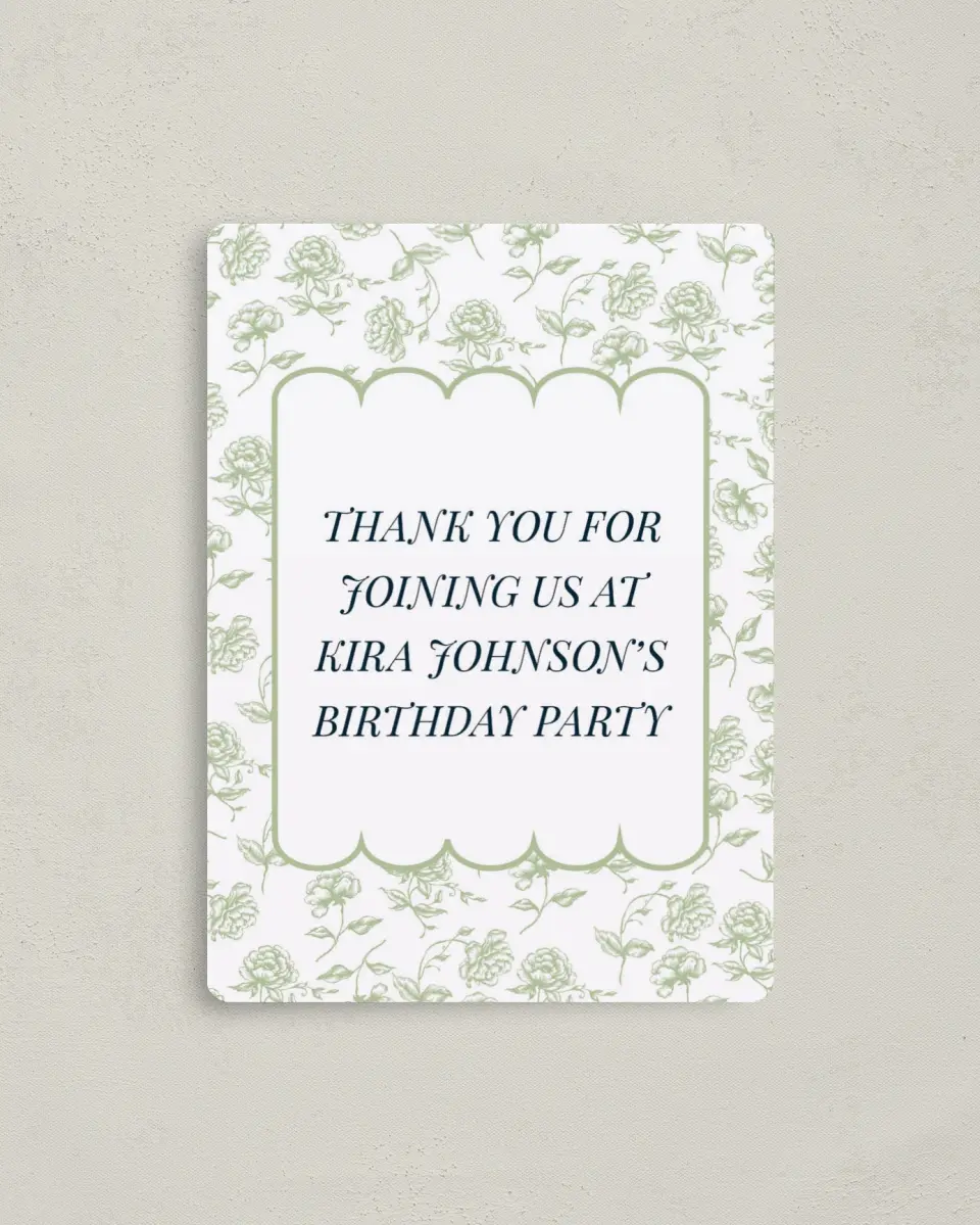 This is a 4" x 5½" Thank You Card called Floral Scallops printed in full color with a Luxe Satin finish