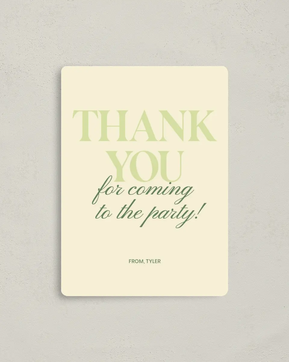 This is a 4" x 5½" Thank You Card called Surprise Party! printed in full color with a Luxe Satin finish