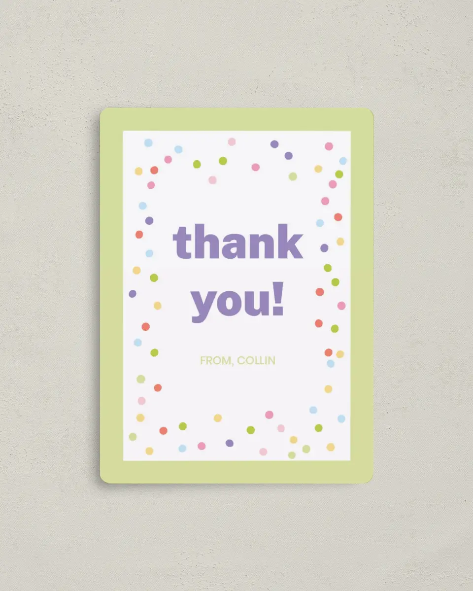 This is a 4" x 5½" Thank You Card called Confetti Fun printed in full color with a Luxe Satin finish