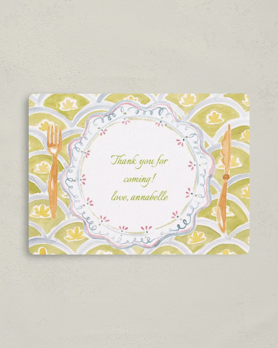 This is a 4" x 5½" Thank You Card called Wine and Dine printed in full color with a Luxe Satin finish