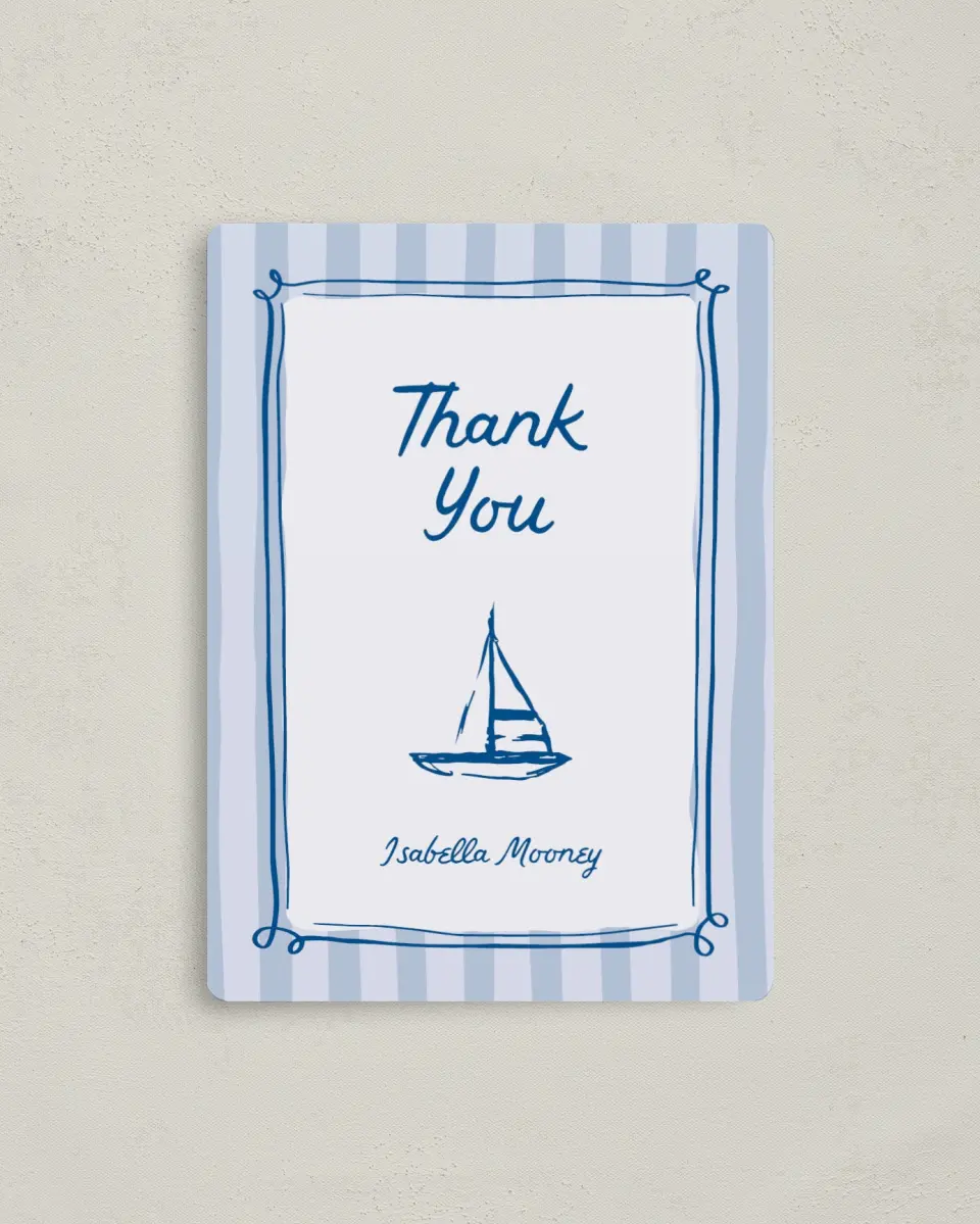This is a 4" x 5½" Graduation Thank You Magnet called Ahoy Baby printed in full color with a Luxe Satin finish