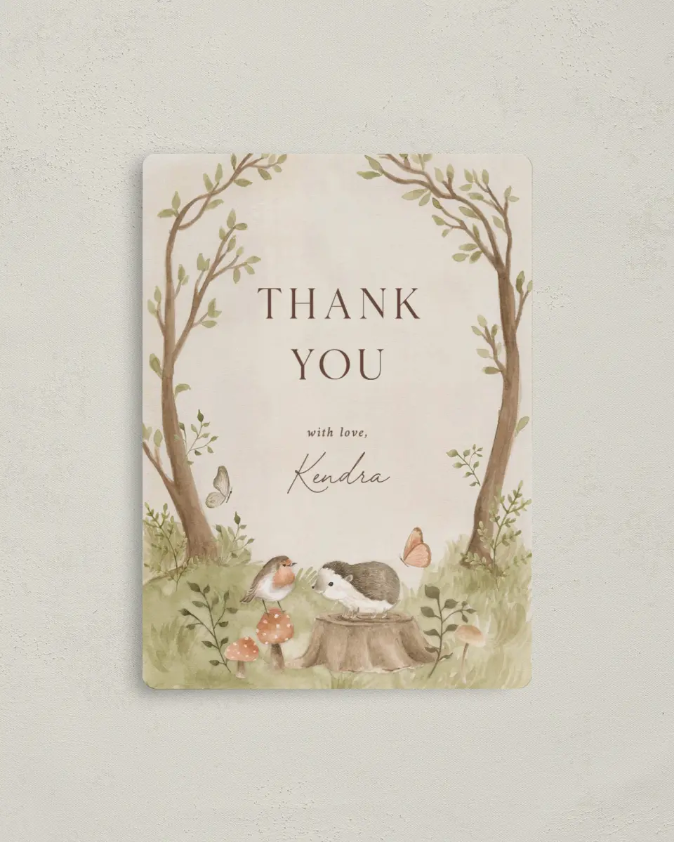 This is a 4" x 5½" Graduation Thank You Magnet called Enchanting Forest printed in full color with a Luxe Satin finish
