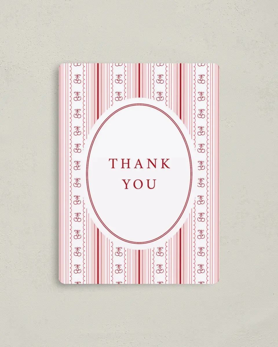 This is a 4" x 5½" Graduation Thank You Magnet called Coquette Cherries printed in full color with a Luxe Satin finish