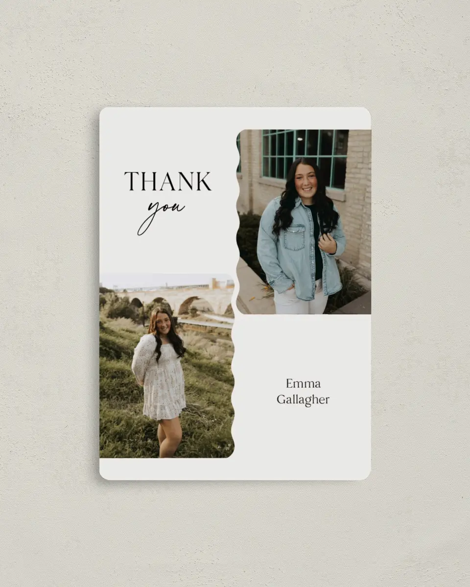 This is a 4" x 5½" Graduation Thank You Magnet called Effortless Edge printed in full color with a Luxe Satin finish