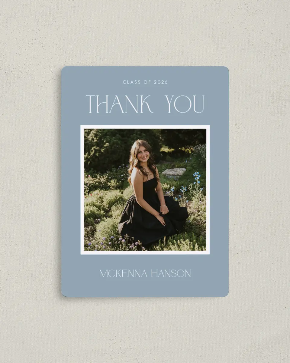 This is a 4" x 5½" Graduation Thank You Magnet called Graceful Grad printed in full color with Gold foil and a Luxe Satin finish
