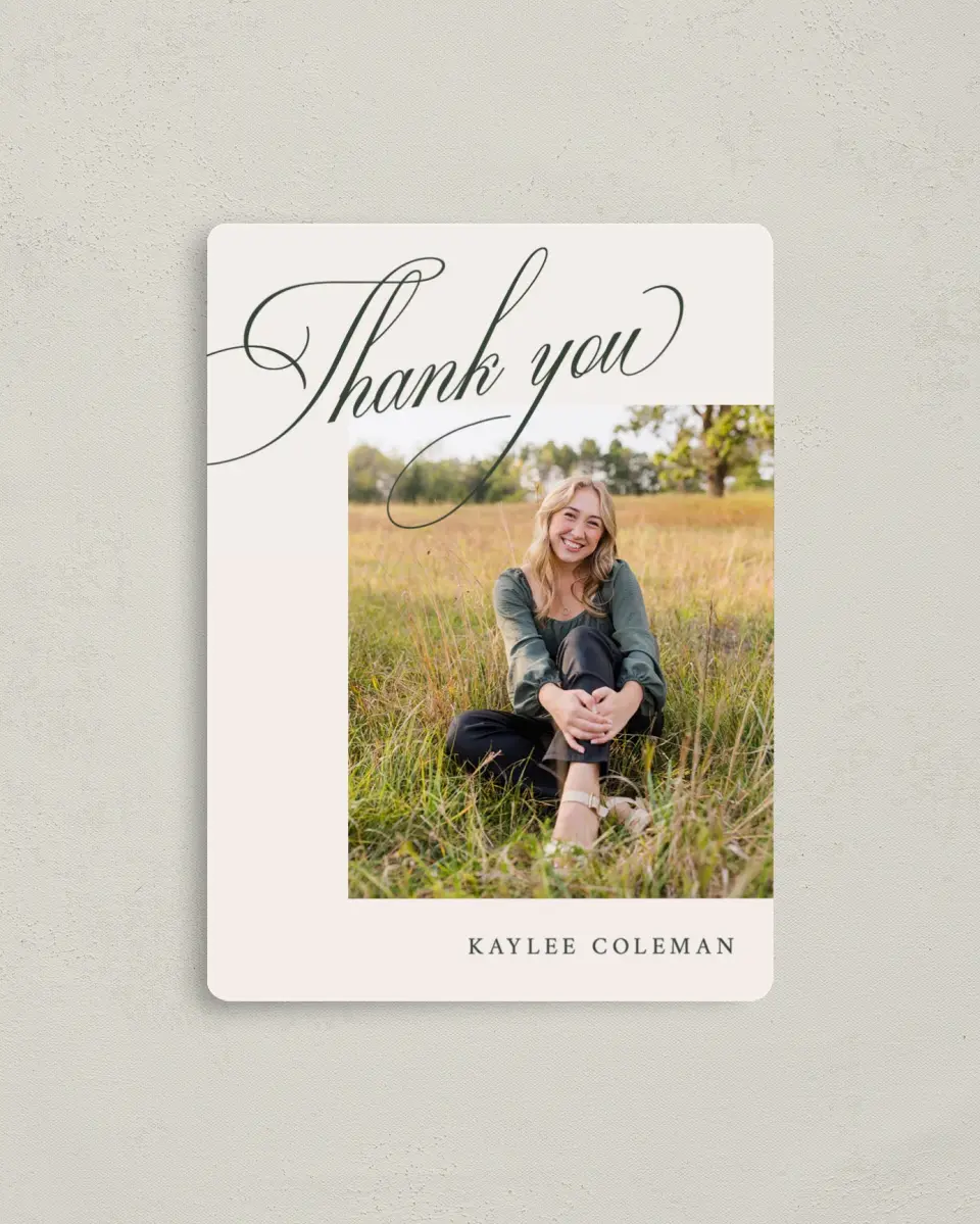 This is a 4" x 5½" Graduation Thank You Magnet called Grand Flourish printed in full color with a Luxe Satin finish