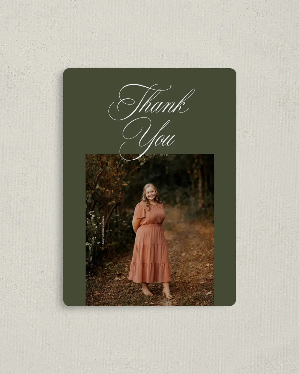 This is a 4" x 5½" Graduation Thank You Magnet called Refined Celebration printed in full color with a Luxe Satin finish