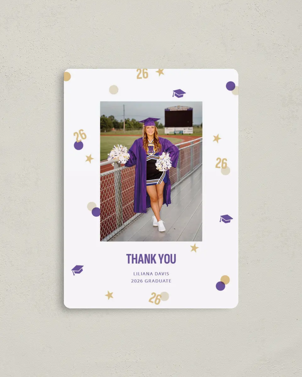 This is a 4" x 5½" Graduation Thank You Magnet called Confetti Toss printed in full color with Gold foil and a Luxe Satin finish