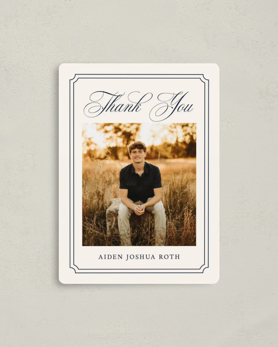 This is a 4" x 5½" Graduation Thank You Magnet called Formal Frame printed in full color with Gold foil and a Luxe Satin finish