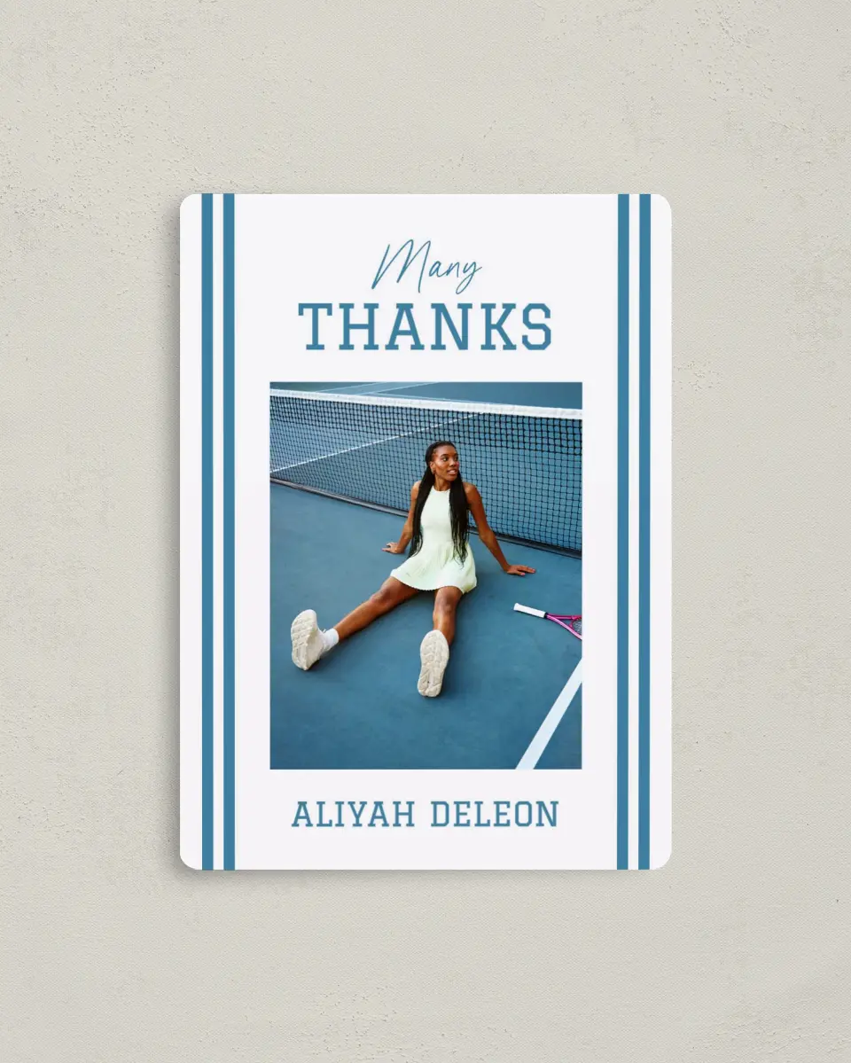 This is a 4" x 5½" Graduation Thank You Magnet called Varsity Stripes printed in full color with Gold foil and a Luxe Satin finish