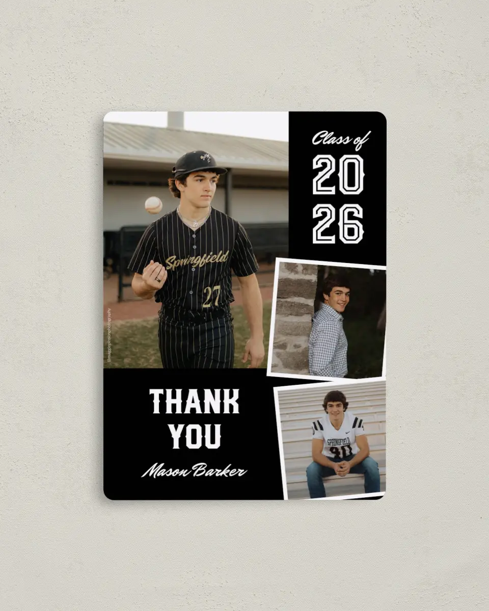 This is a 4" x 5½" Graduation Thank You Magnet called All-Star Athlete printed in full color with a Luxe Satin finish
