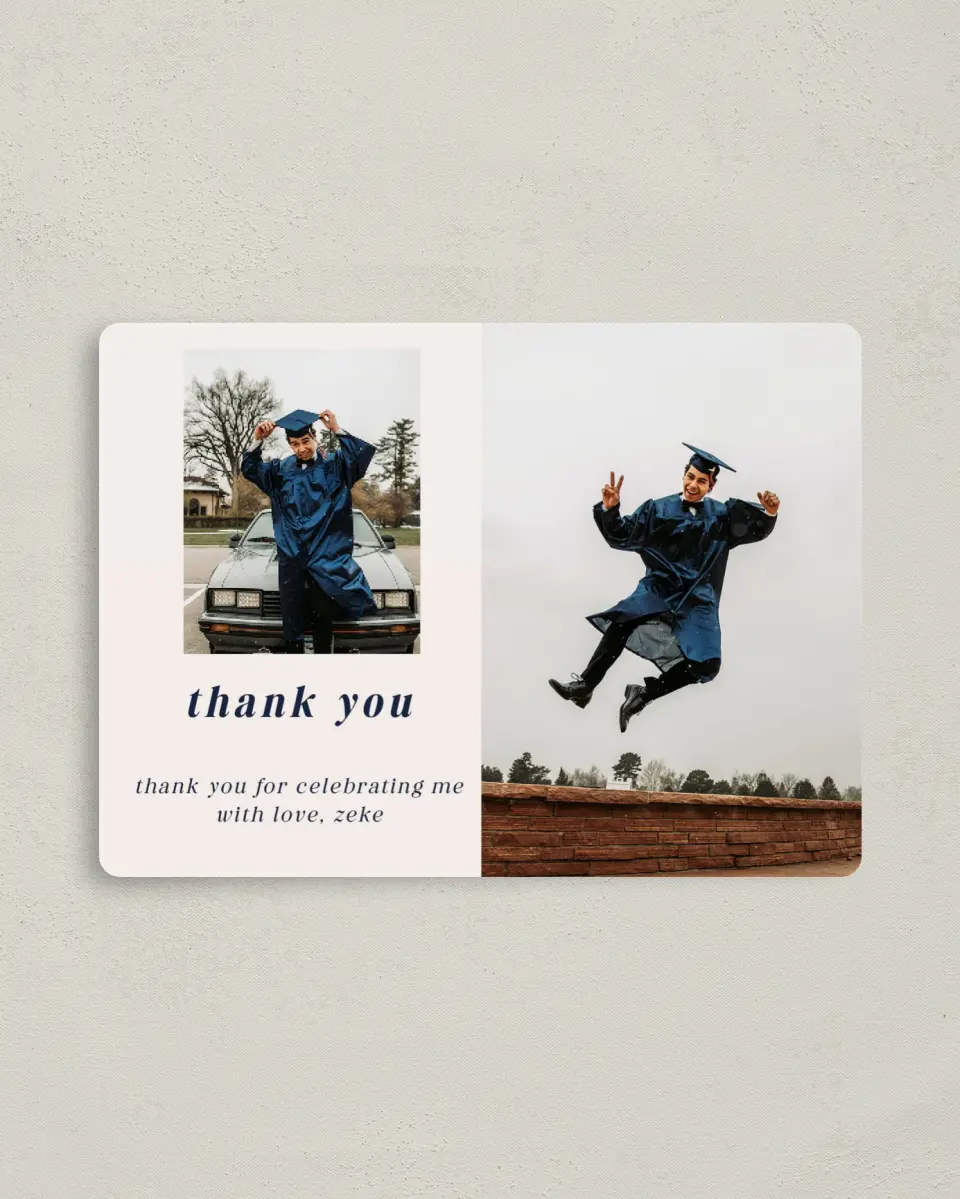 This is a 4" x 5½" Graduation Thank You Magnet called Jumping Jubilee printed in full color with a Luxe Satin finish