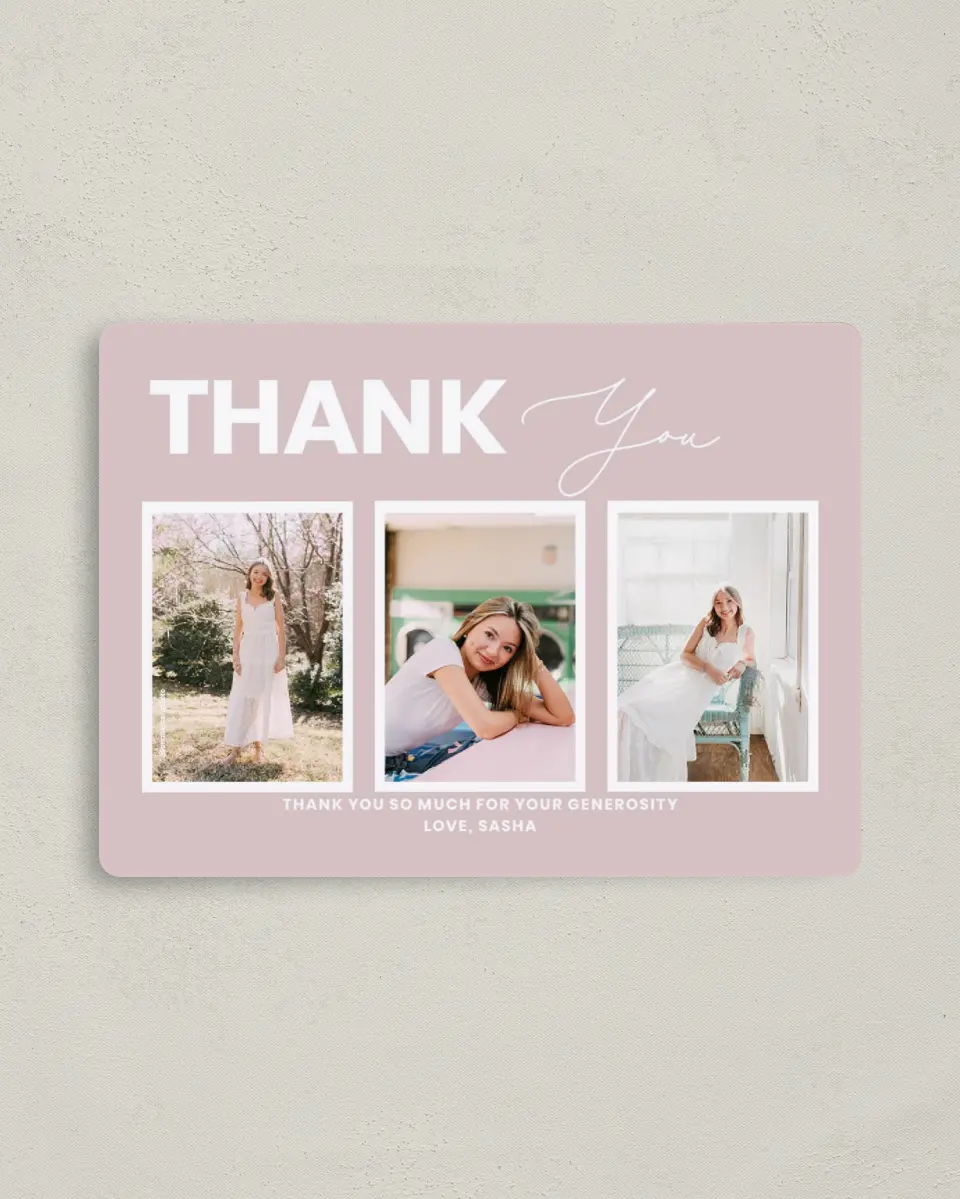 This is a 4" x 5½" Graduation Thank You Magnet called Caps Off to You printed in full color with Gold foil and a Luxe Satin finish
