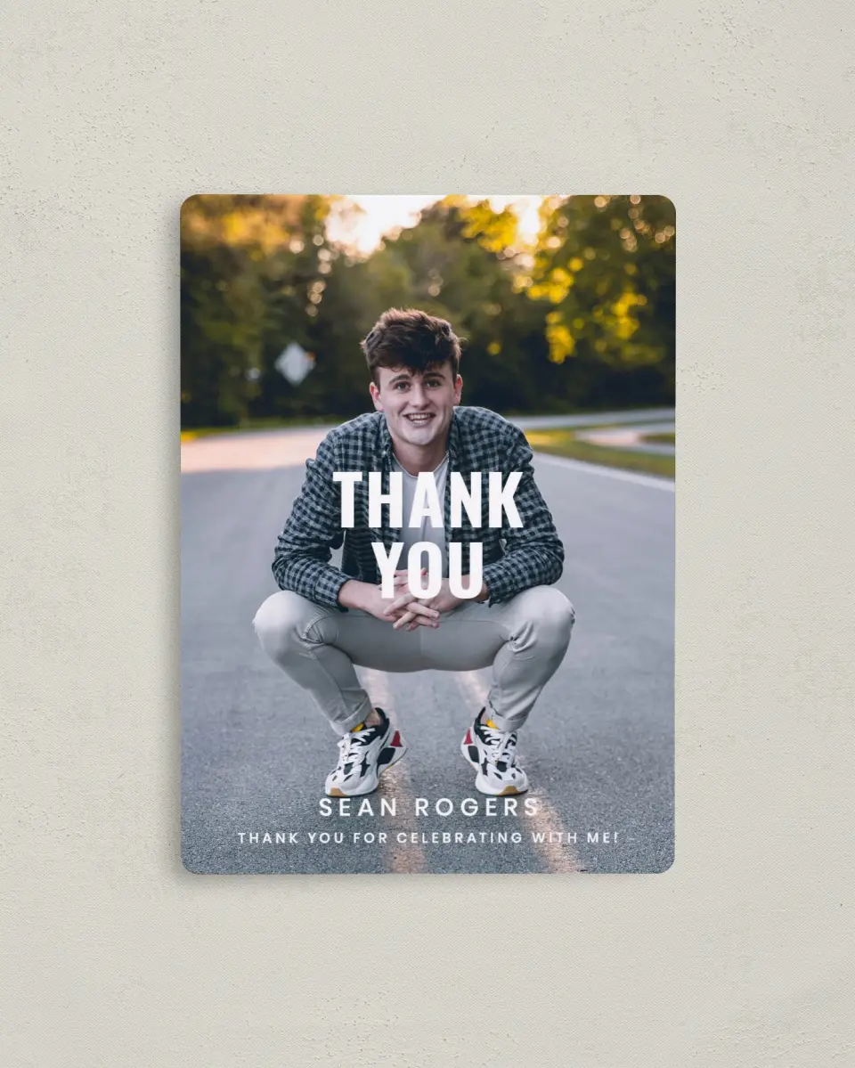 This is a 4" x 5½" Graduation Thank You Magnet called Final Stretch printed in full color with Silver foil and a Luxe Satin finish