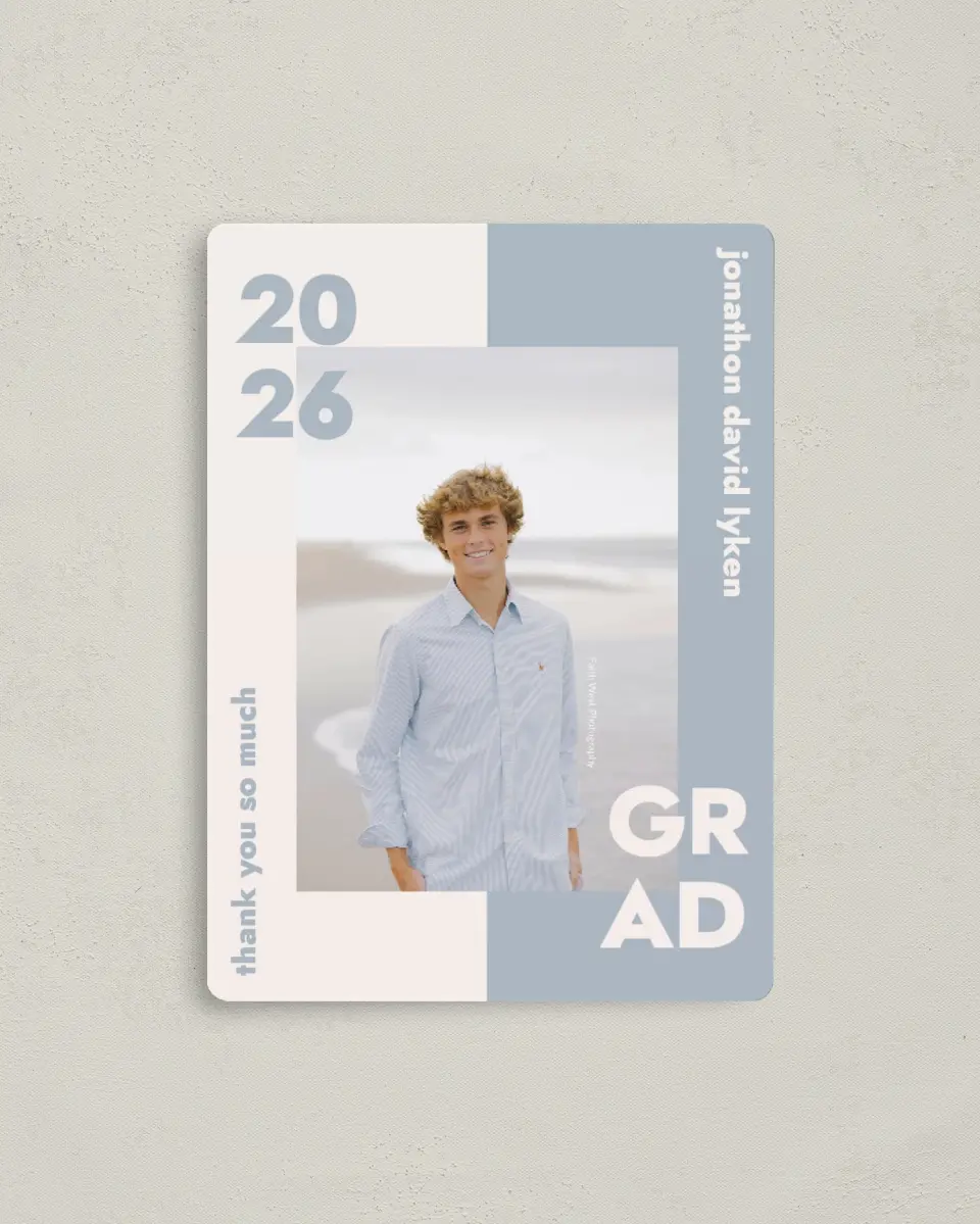 This is a 4" x 5½" Graduation Thank You Magnet called Changing Chapters printed in full color with a Luxe Satin finish