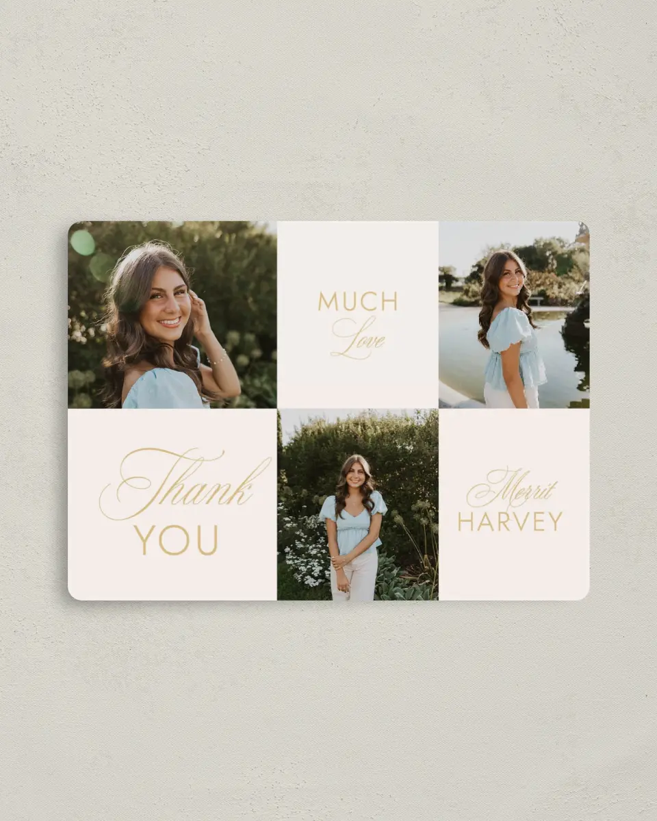 This is a 4" x 5½" Graduation Thank You Magnet called Stay Golden printed in full color with a Luxe Satin finish