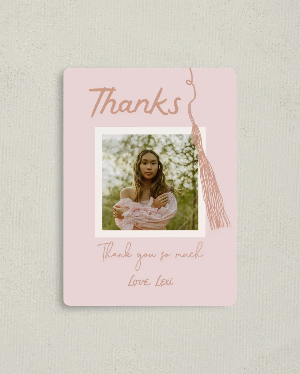 This is a 4" x 5½" Graduation Thank You Magnet called Tassels on Tassels printed in full color with a Luxe Satin finish