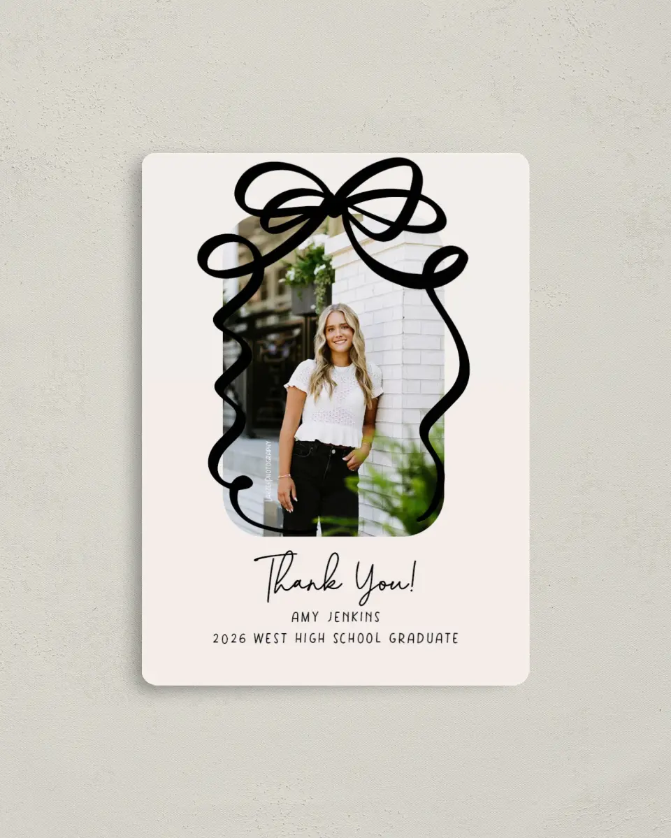 This is a 4" x 5½" Graduation Thank You Magnet called All Tied Up printed in full color with a Luxe Satin finish