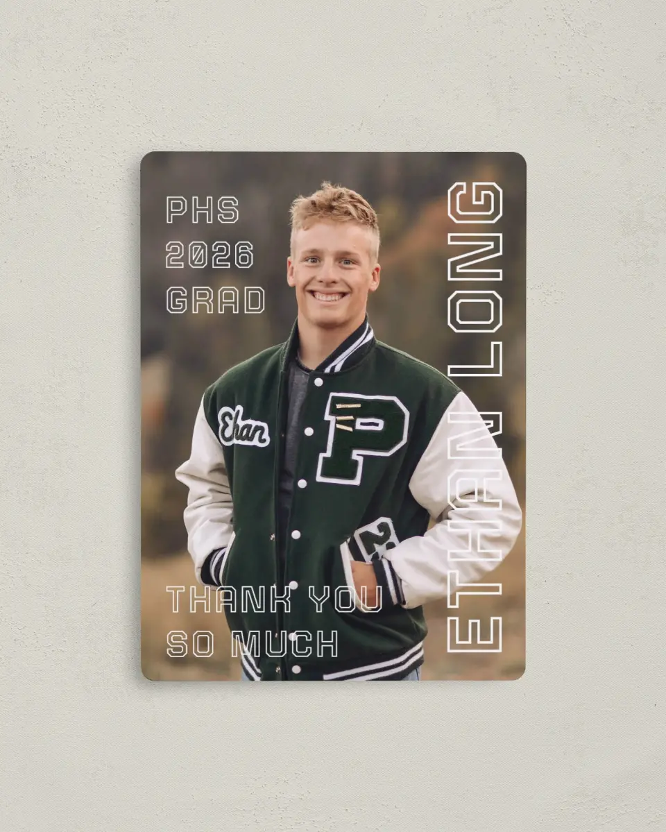 This is a 4" x 5½" Graduation Thank You Magnet called Athletic Achievement printed in full color with a Luxe Satin finish