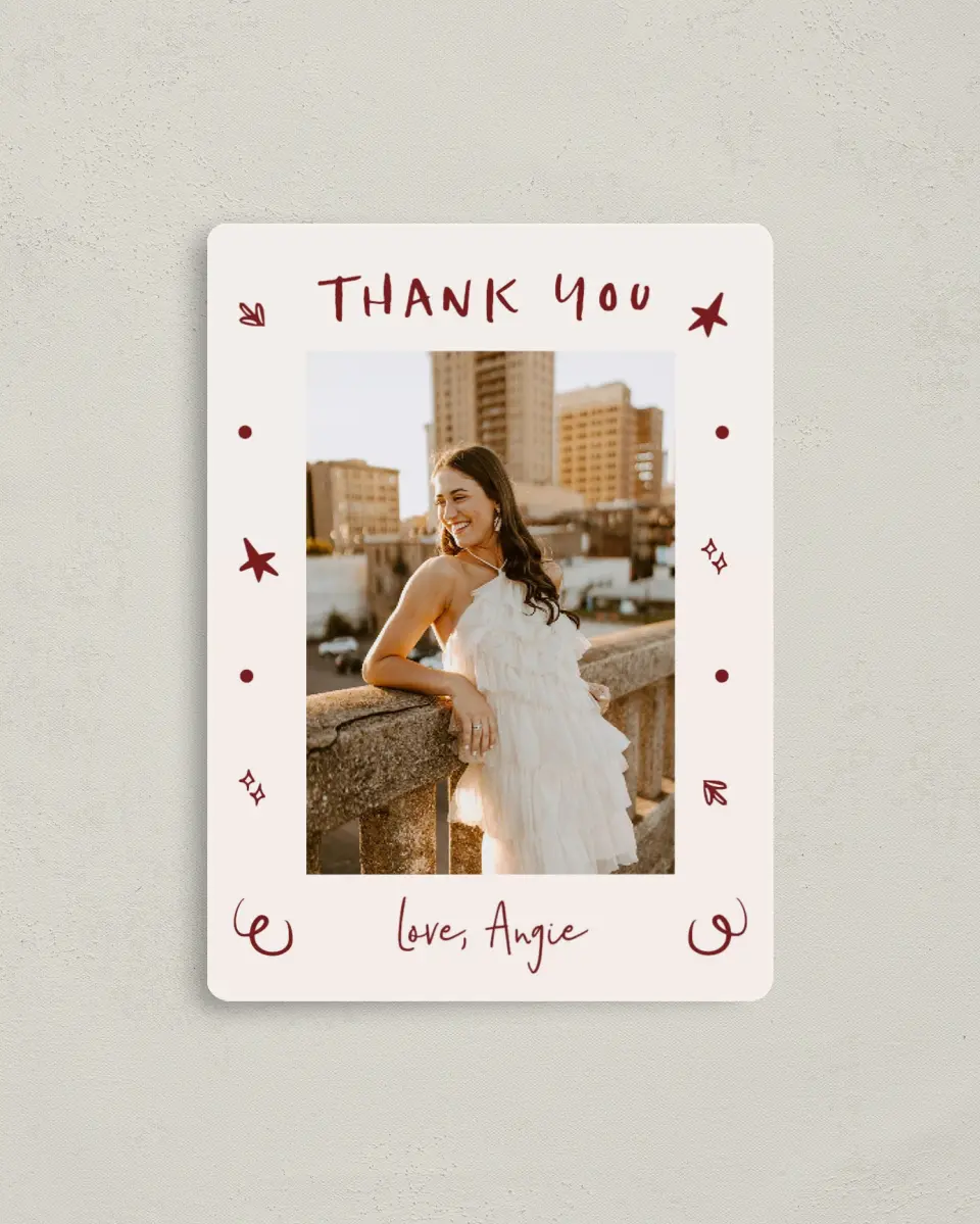 This is a 4" x 5½" Graduation Thank You Magnet called Celebratory Confetti printed in full color with Gold foil and a Luxe Satin finish