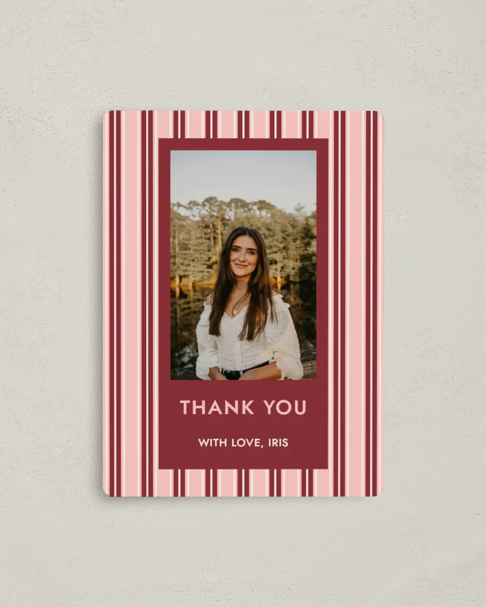 This is a 4" x 5½" Graduation Thank You Magnet called Striped Admiration printed in full color with Gold foil and a Luxe Satin finish