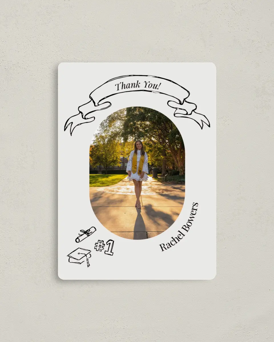 This is a 4" x 5½" Graduation Thank You Magnet called Art of Achievement printed in full color with a Luxe Satin finish