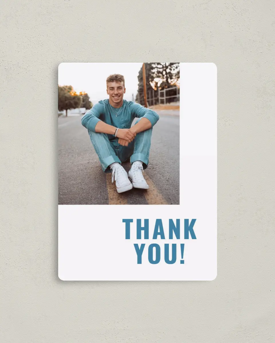 This is a 4" x 5½" Graduation Thank You Magnet called Modern Milestone printed in full color with a Luxe Satin finish