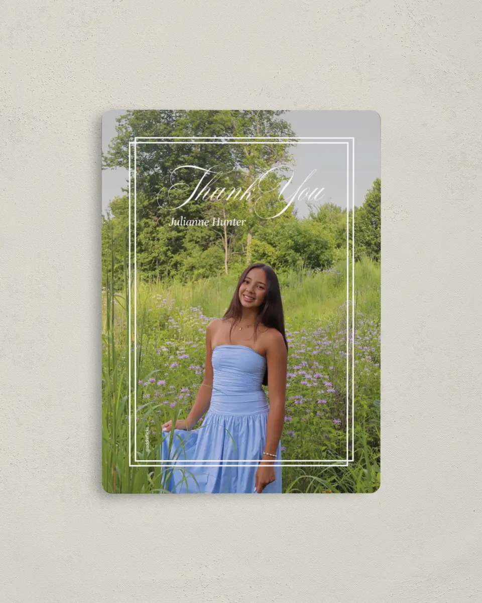 This is a 4" x 5½" Graduation Thank You Magnet called Elegant Grad printed in full color with a Luxe Satin finish