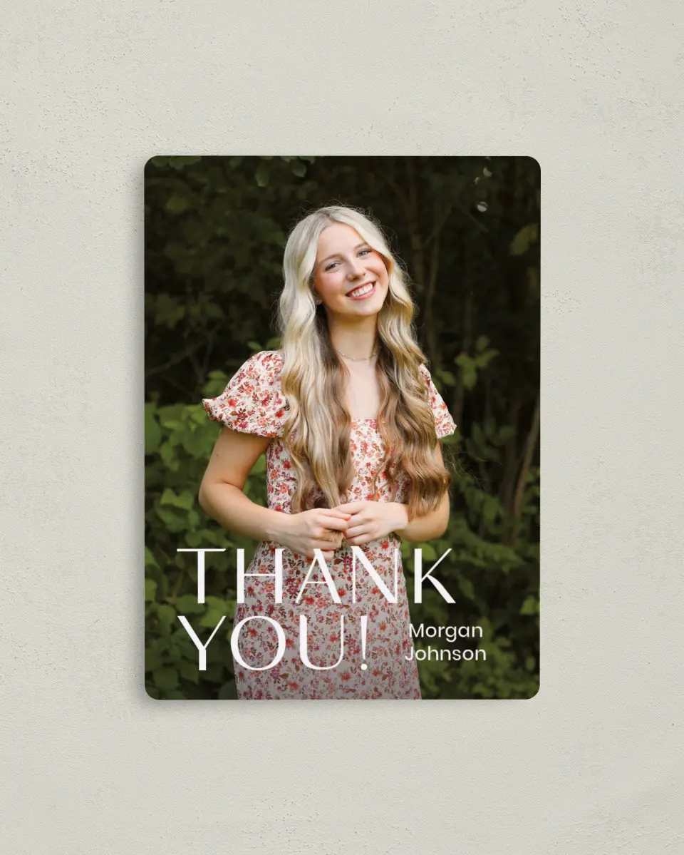 This is a 4" x 5½" Graduation Thank You Magnet called Spotlight Grad printed in full color with Gold foil and a Luxe Satin finish