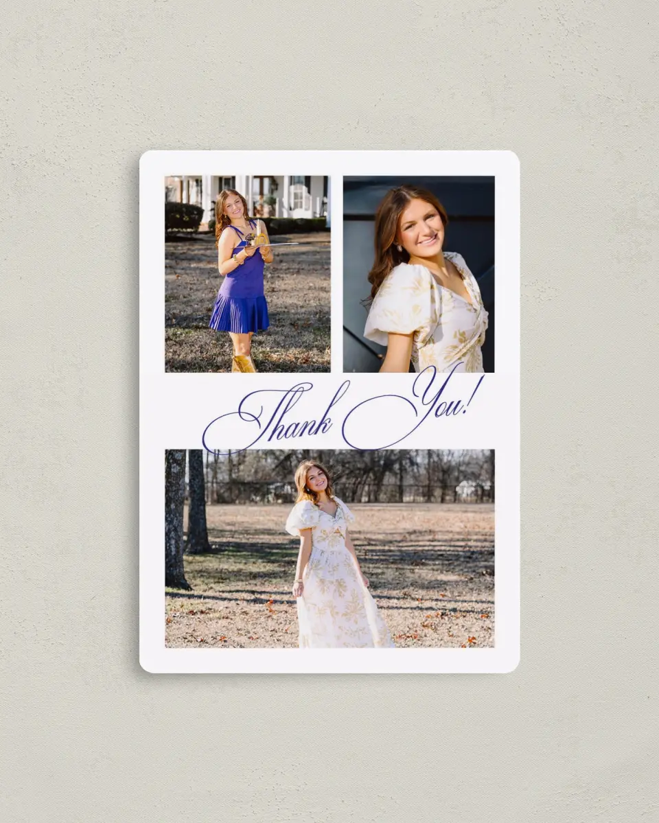 This is a 4" x 5½" Graduation Thank You Magnet called Elegantly Graduated printed in full color with a Luxe Satin finish