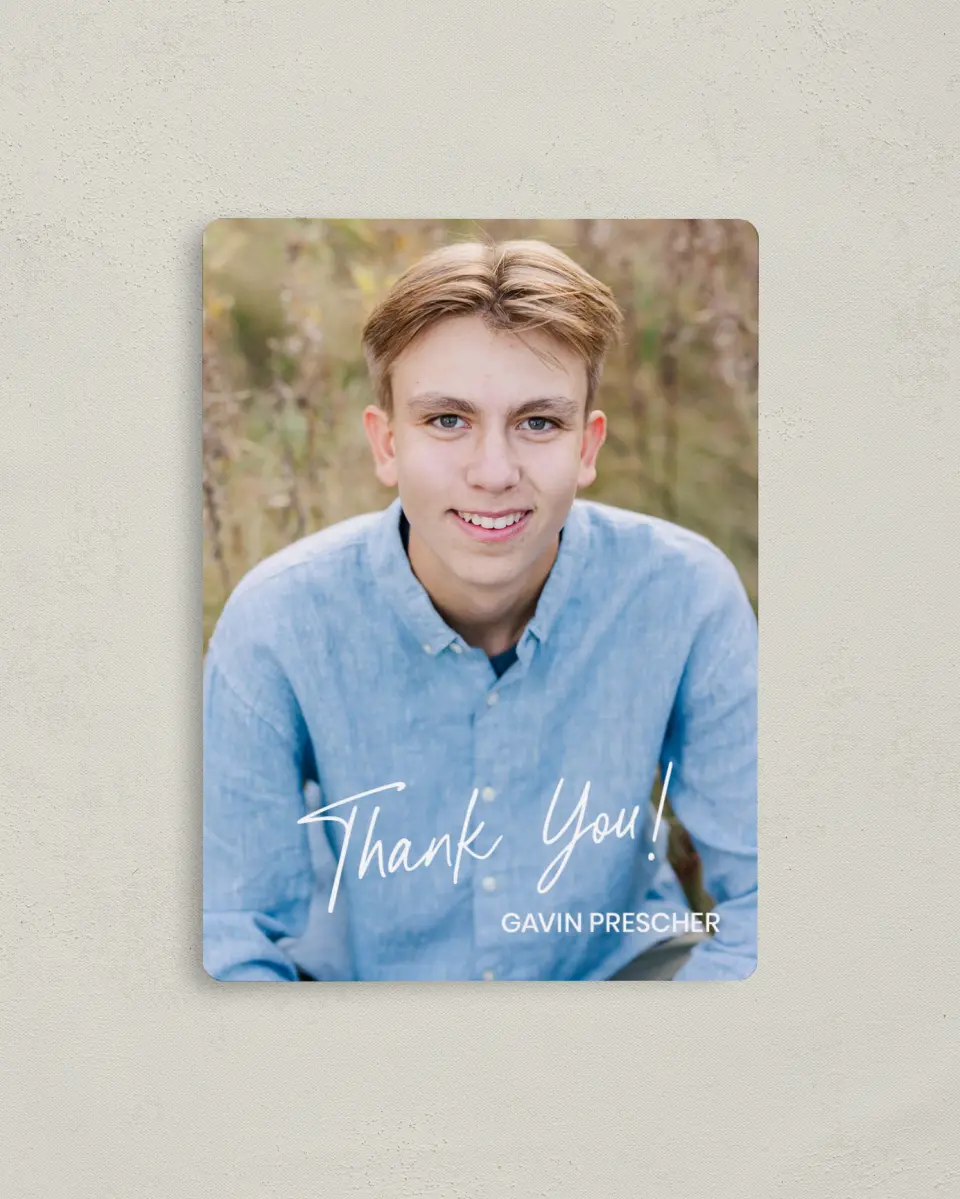 This is a 4" x 5½" Graduation Thank You Magnet called Simple Grad printed in full color with a Luxe Satin finish
